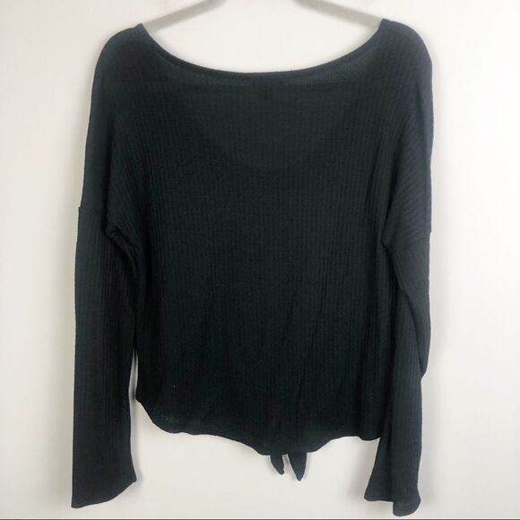 EXPRESS | Waffle Knit Black Long Sleeve Top Tie Front Scoopneck Women’s Large - Picture 7 of 9